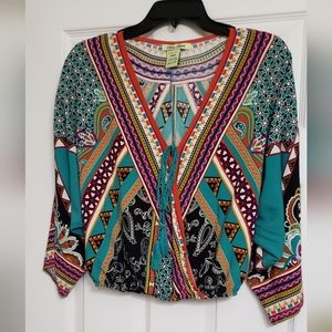 Flying Tomato Bell Sleeve Cropped V-Neck Shirt Bright Multi Colored Large